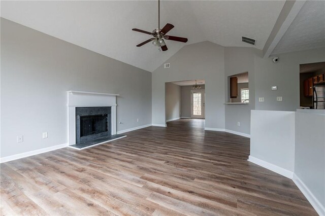 unfurnished living room with ceiling fan, high vaulted ceiling, and wood-type flooring