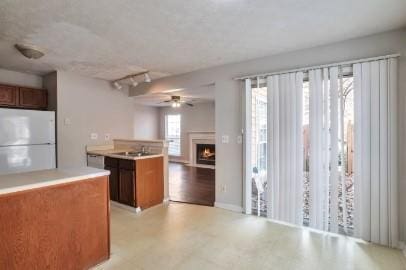 unfurnished living room with ceiling fan, dark hardwood / wood-style flooring, and a high end fireplace