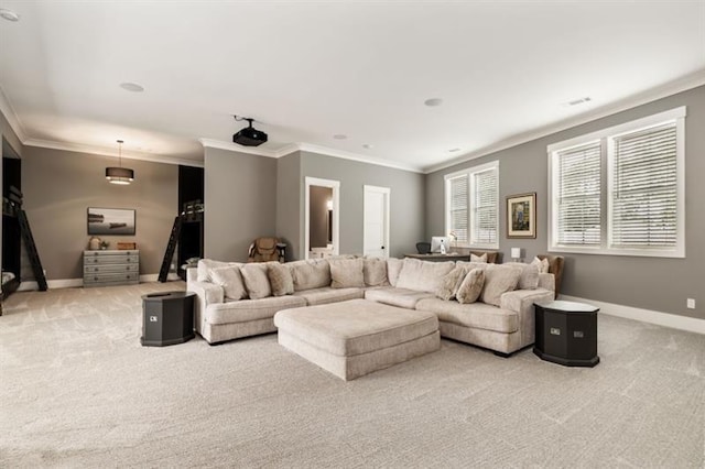 living room featuring baseboards, carpet floors, and ornamental molding