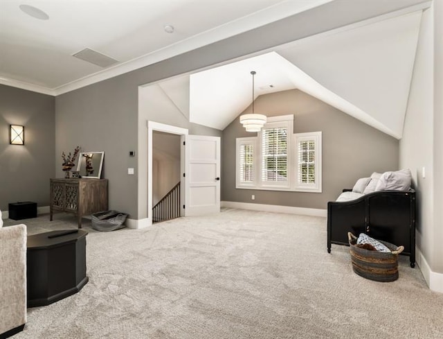 interior space featuring carpet floors, lofted ceiling, and baseboards