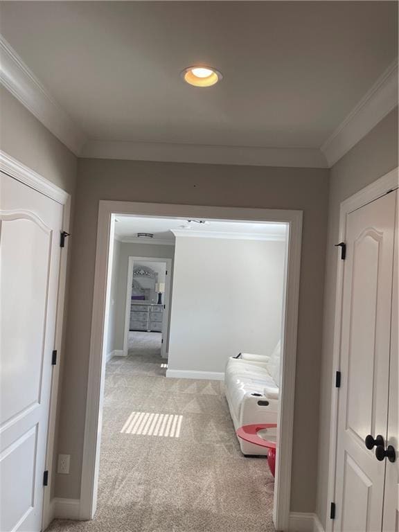 103 Mill Park Chase, Woodstock, GA 30188 - hallway with ornamental molding, light carpet, and recessed lighting