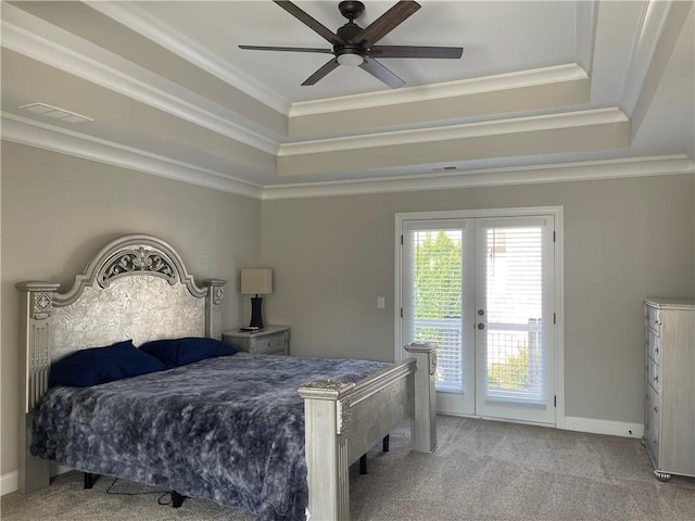 103 Mill Park Chase, Woodstock, GA 30188 - bedroom with carpet flooring, access to exterior, a tray ceiling, ornamental molding, and french doors