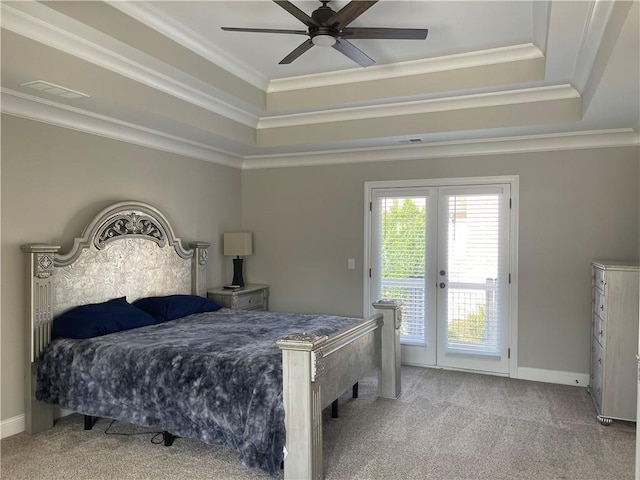 103 Mill Park Chase, Woodstock, GA 30188 - carpeted bedroom with access to exterior, a tray ceiling, crown molding, french doors, and a ceiling fan