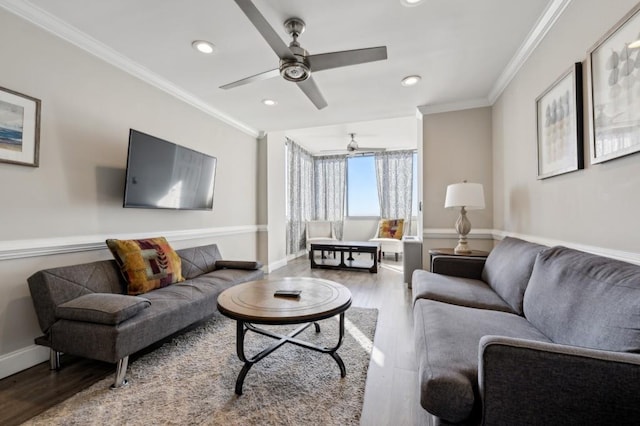 215 Piedmont Ave NE Unit 2103, Atlanta, GA 30308 - living area featuring baseboards, a ceiling fan, wood finished floors, and crown molding