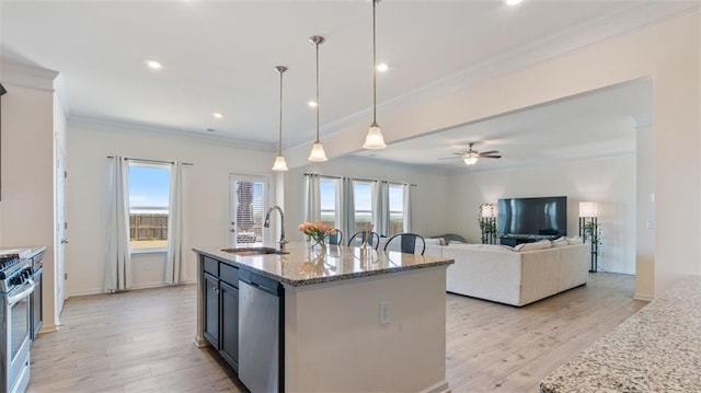 231 Malbone St SW, Cartersville, GA 30120 - kitchen featuring stainless steel appliances, a sink, ornamental molding, light wood-style flooring, and ceiling fan