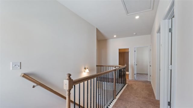 231 Malbone St SW, Cartersville, GA 30120 - corridor featuring an upstairs landing, carpet floors, attic access, recessed lighting, and baseboards
