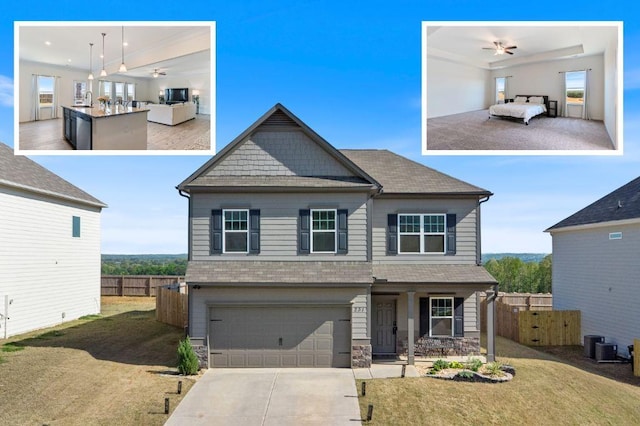231 Malbone St SW, Cartersville, GA 30120 - view of front of property with a garage, driveway, a porch, a shingled roof, and stone siding