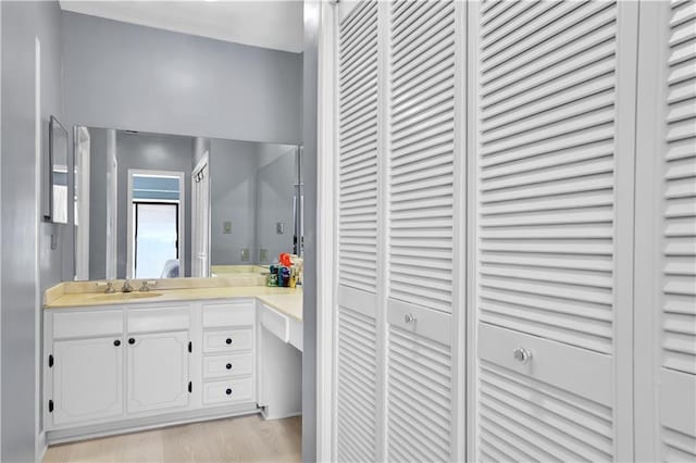 bathroom featuring wood finished floors, a closet, and vanity