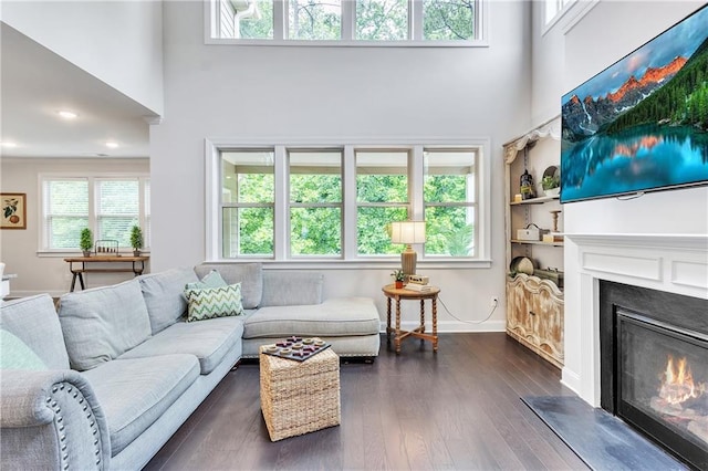 6179 Ashbranch Dr, Acworth, GA 30101 - living area featuring a towering ceiling, a fireplace, dark wood-style flooring, and baseboards