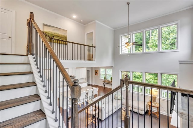 6179 Ashbranch Dr, Acworth, GA 30101 - stairs with ornamental molding, a ceiling fan, wood finished floors, a high ceiling, and baseboards