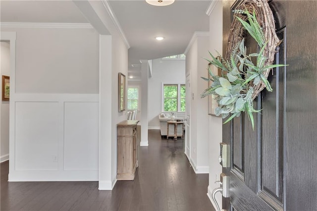 6179 Ashbranch Dr, Acworth, GA 30101 - entryway featuring dark wood-style floors, crown molding, and a wainscoted wall