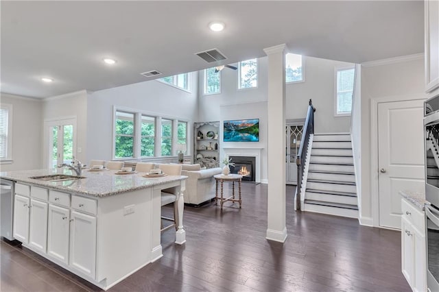 6179 Ashbranch Dr, Acworth, GA 30101 - kitchen with a sink, a glass covered fireplace, plenty of natural light, open floor plan, and ornamental molding