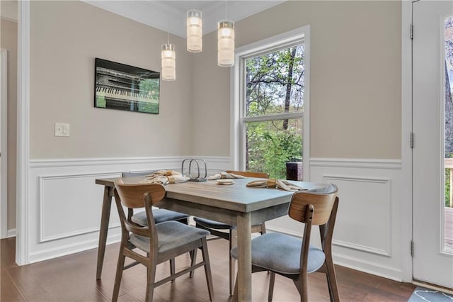 dining space with dark wood-style flooring and wainscoting