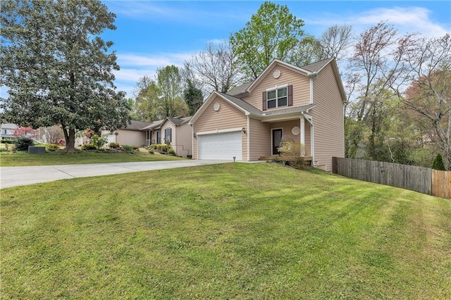 traditional home featuring a garage, concrete driveway, a front lawn, and fence