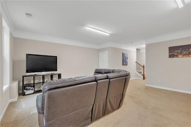 living room with light carpet, stairway, visible vents, and crown molding