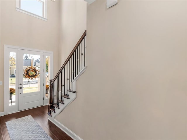 entrance foyer featuring dark hardwood / wood-style flooring and a high ceiling