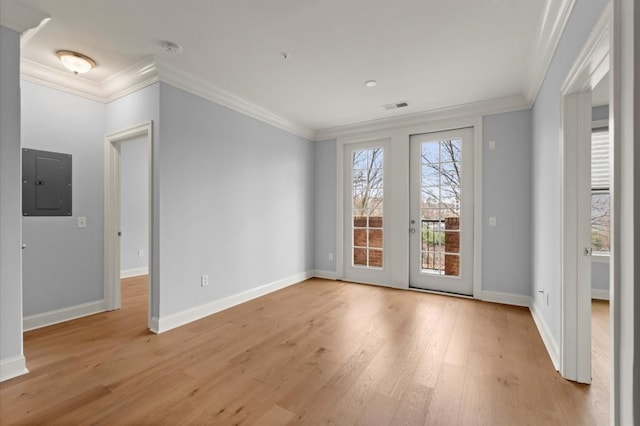 empty room with visible vents, ornamental molding, and electric panel