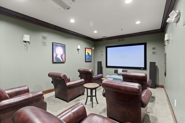 cinema room with recessed lighting, light carpet, crown molding, and baseboards