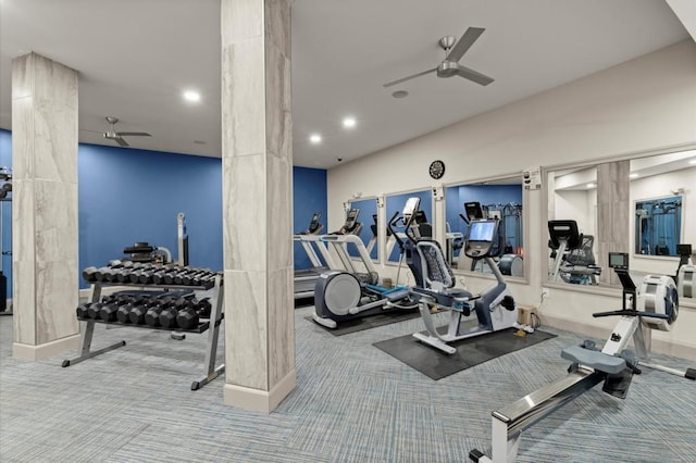 workout area with ornate columns, carpet, a ceiling fan, and recessed lighting