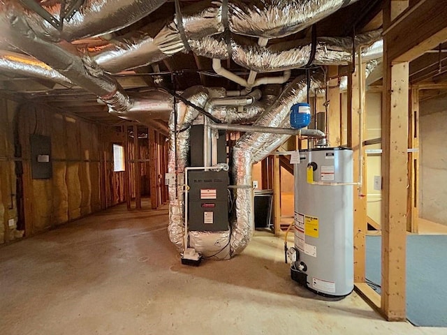 utility room featuring electric panel and water heater