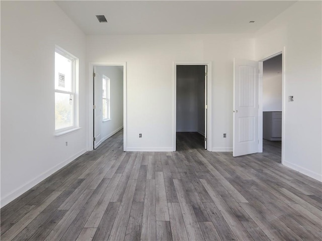 unfurnished bedroom featuring wood-type flooring and a spacious closet