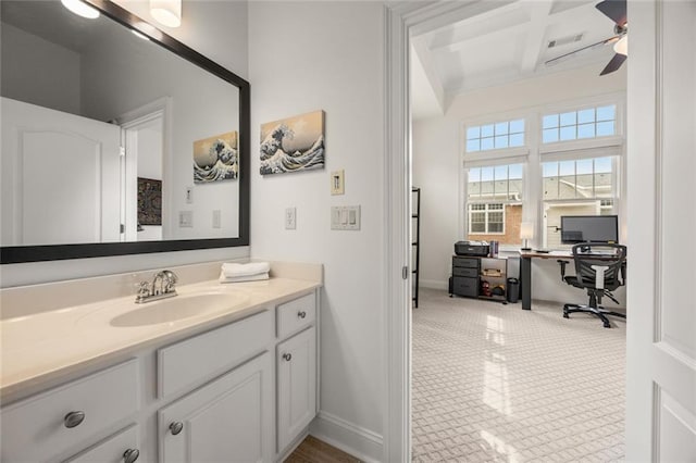 1258 Dekalb Ave NE Unit 112, Atlanta, GA 30307 - bathroom featuring vanity, baseboards, beam ceiling, coffered ceiling, and ceiling fan