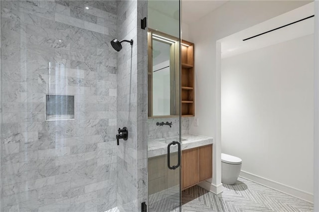 bathroom with walk in shower, toilet, and sink