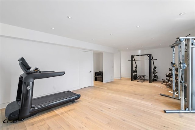 workout area featuring light hardwood / wood-style floors