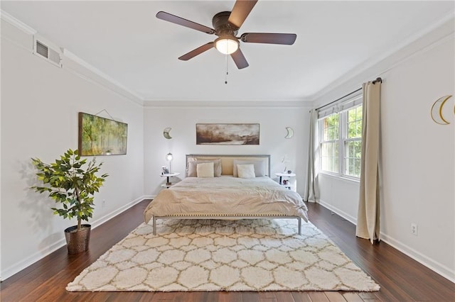 1995 Raleigh Tavern Dr, Roswell, GA 30076 - bedroom featuring crown molding, baseboards, dark wood finished floors, and a ceiling fan