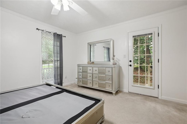 bedroom featuring light carpet, crown molding, ceiling fan, and access to exterior