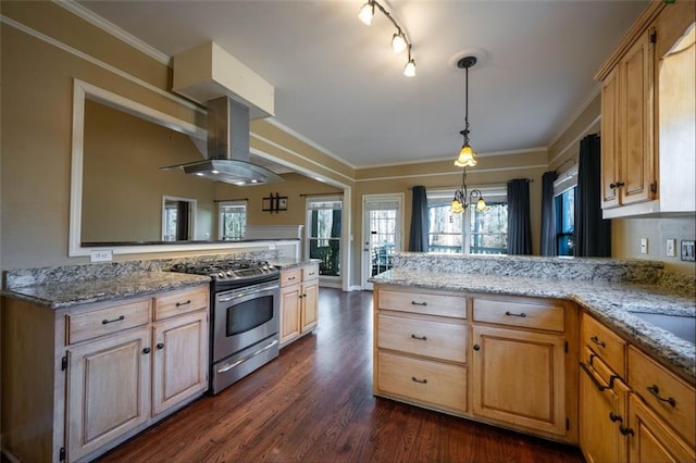 kitchen featuring light stone counters, kitchen peninsula, a chandelier, stainless steel gas stove, and crown molding