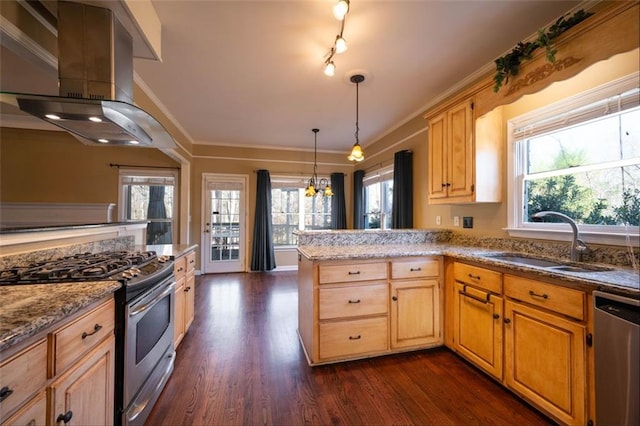 kitchen with sink, an inviting chandelier, ornamental molding, island range hood, and appliances with stainless steel finishes