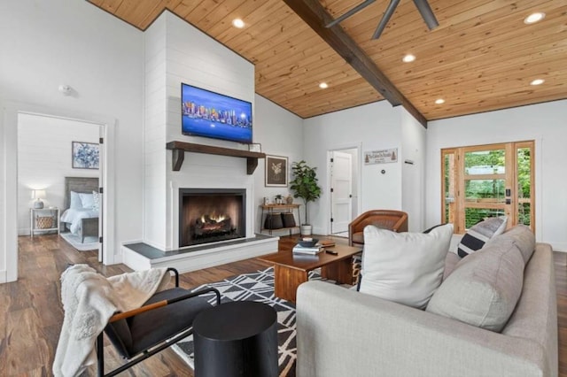 897 Faraday Dr, Ellijay, GA 30540 - living room featuring a wood ceiling with exposed beams, wood finished floors, recessed lighting, a fireplace, and high vaulted ceiling
