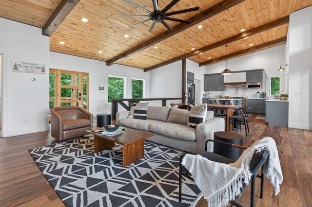 897 Faraday Dr, Ellijay, GA 30540 - living area with a wood ceiling with exposed beams, a ceiling fan, recessed lighting, dark wood-type flooring, and high vaulted ceiling