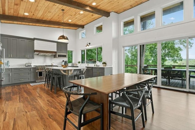 897 Faraday Dr, Ellijay, GA 30540 - dining room with recessed lighting, a high ceiling, dark wood finished floors, and a wooden ceiling with exposed beams