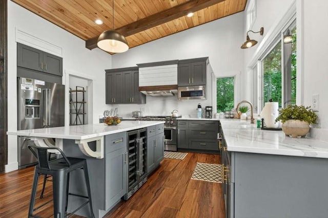 897 Faraday Dr, Ellijay, GA 30540 - kitchen with premium appliances, beverage cooler, wood ceiling, gray cabinets, and dark wood-style flooring