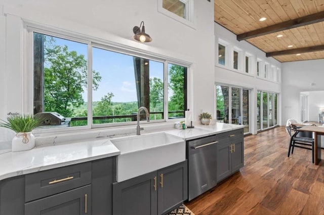 897 Faraday Dr, Ellijay, GA 30540 - kitchen featuring dishwasher, gray cabinetry, a wood ceiling with exposed beams, dark wood-type flooring, and light stone counters