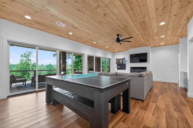 897 Faraday Dr, Ellijay, GA 30540 - recreation room featuring wood ceiling, a ceiling fan, recessed lighting, wood finished floors, and a fireplace