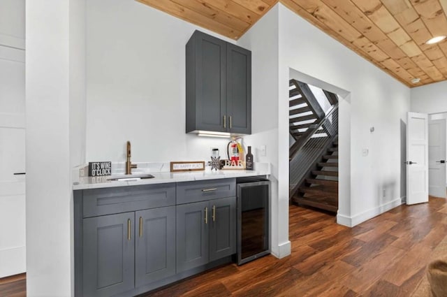897 Faraday Dr, Ellijay, GA 30540 - indoor bar with wine cooler, wood ceiling, dark wood-style flooring, and stairs