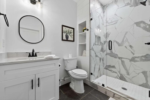 897 Faraday Dr, Ellijay, GA 30540 - bathroom featuring vanity, a marble finish shower, and tile patterned flooring