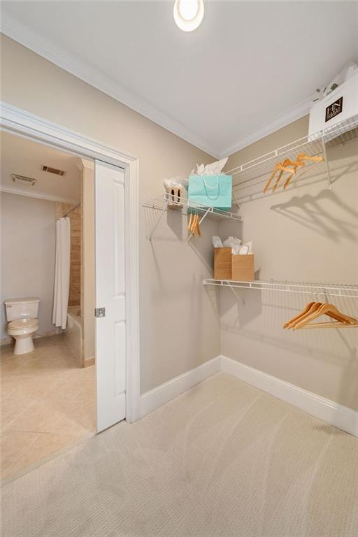 spacious closet featuring light colored carpet
