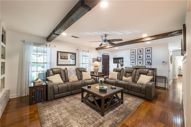 4442 Academy St, Acworth, GA 30101 - living room with beamed ceiling, a ceiling fan, recessed lighting, and dark wood finished floors