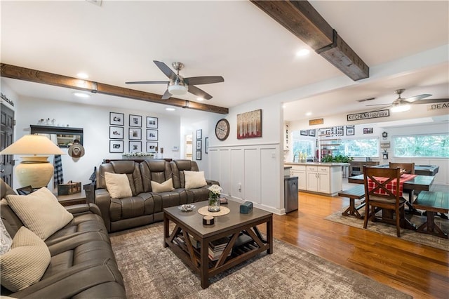 4442 Academy St, Acworth, GA 30101 - living room featuring ceiling fan, beamed ceiling, light wood-type flooring, and recessed lighting
