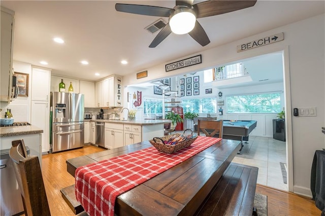 4442 Academy St, Acworth, GA 30101 - dining area featuring recessed lighting, ceiling fan, light wood-style flooring, and billiards