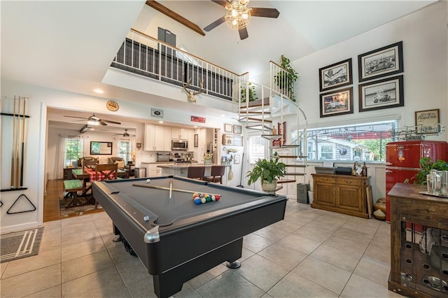 4442 Academy St, Acworth, GA 30101 - rec room with ceiling fan, a high ceiling, pool table, light tile patterned flooring, and healthy amount of natural light