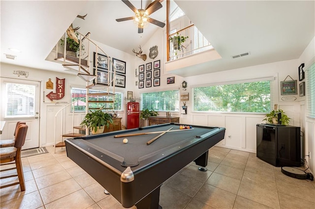 4442 Academy St, Acworth, GA 30101 - recreation room featuring a decorative wall, tile patterned flooring, high vaulted ceiling, pool table, and a ceiling fan
