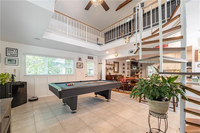 4442 Academy St, Acworth, GA 30101 - recreation room featuring a ceiling fan, light tile patterned floors, pool table, and a high ceiling