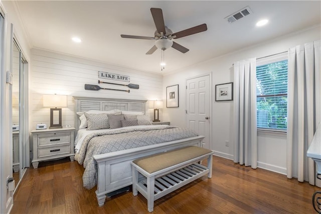 4442 Academy St, Acworth, GA 30101 - bedroom with dark wood-style flooring, crown molding, recessed lighting, and a ceiling fan