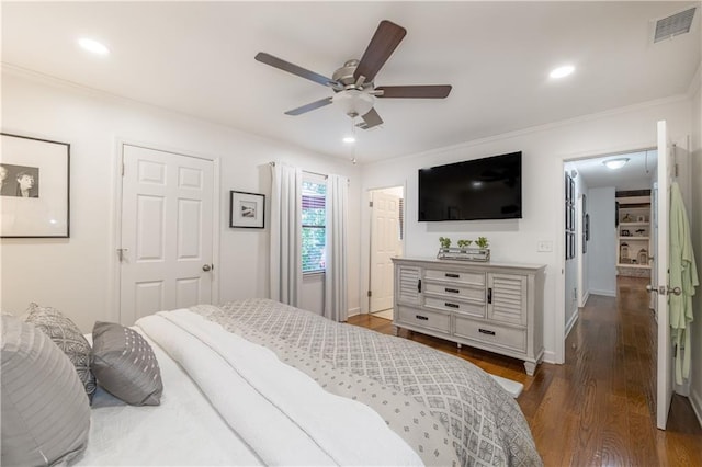 4442 Academy St, Acworth, GA 30101 - bedroom featuring wood finished floors, ornamental molding, recessed lighting, and ceiling fan