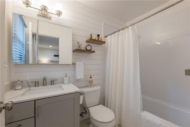 4442 Academy St, Acworth, GA 30101 - full bathroom with vanity, shower / bath combo with shower curtain, and wooden walls